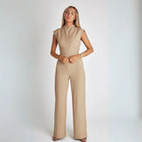 Hannah | Weites Bein Ärmellos Jumpsuit in Beige