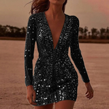 Janina | Damen Pailletten Cocktailkleid mit Langarm, V-Ausschnitt und kurzer Länge in Schwarz