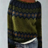 Jasmin | Damen Retro Pullover mit Norweger Muster und Strick in Grün
