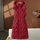 Jasmina | Damen Lange Steppweste Bodywarmer mit Kapuze und Kordelzug in Rot