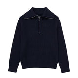 Damenpullover mit Streifen, halbem Reißverschluss und Stehkragen – Holly in Marineblau