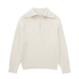 Damenpullover mit Streifen, halbem Reißverschluss und Stehkragen – Holly in Beige