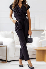 Amelia | Tiefer V-Ausschnitt Gürtel Jumpsuit in Schwarz