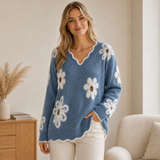 Katharina | Damen Pullover mit großen Blumen in Blau