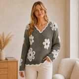 Katharina | Damen Pullover mit großen Blumen in Olivgrün