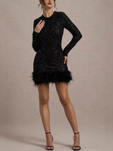 Langarm Mini Kleid Federsaum in Schwarz
