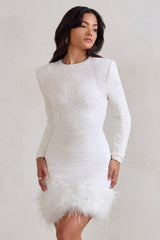 Langarm Mini Kleid Federsaum in Weiß