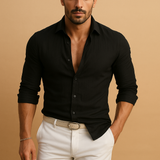 Langärmliges Button-Down-Hemd für Herren mit Kragen und Krempelärmeln in Schwarz