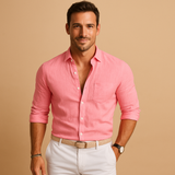 Langärmliges Button-Down-Hemd für Herren mit Kragen und Krempelärmeln in Rosa