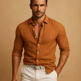 Langärmliges Button-Down-Hemd für Herren mit Kragen und Krempelärmeln in Karamell