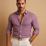 Langärmliges Button-Down-Hemd für Herren mit Kragen und Krempelärmeln in Flieder