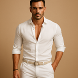 Langärmliges Button-Down-Hemd für Herren mit Kragen und Krempelärmeln in Weiß