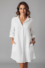 Leandra | Damen Hemdblusenkleid mit Langarm in Weiß