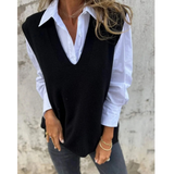 Luiza | Damen Ärmelloser Strickpullover mit V Ausschnitt in Schwarz