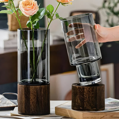 TranquilBloom Vase – Europäische Hydroponik Holz- und Glasvase