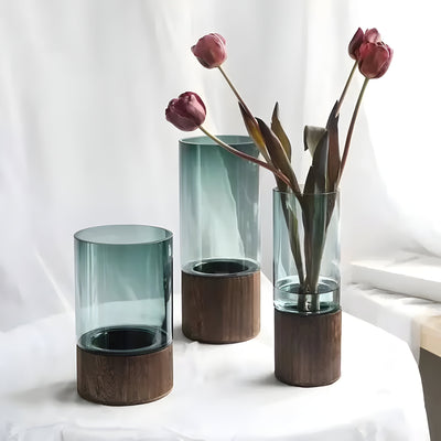 TranquilBloom Vase – Europäische Hydroponik Holz- und Glasvase