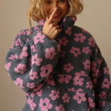 Marlene | Damen Pullover mit Blumen und Reißverschluss in Rosa