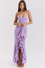 Maxi Abendkleid Langarm Rüschen in Lila