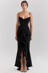 Maxi Abendkleid Langarm Rüschen in Schwarz