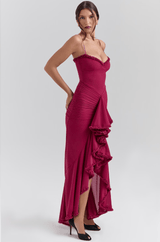 Maxi Abendkleid Langarm Rüschen in Rot