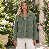 Meike | Damen Teddy Winterjacke mit Kragen, Knöpfen und Taschen in Grün