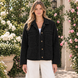 Meike | Damen Teddy Winterjacke mit Kragen, Knöpfen und Taschen in Schwarz