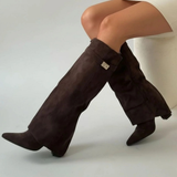 Melinda | Damen Overknee Stiefel Mit Schnalle Und Spitze in Braun