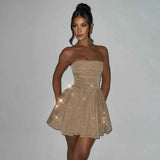Mira – Glitzerndes, schulterfreies Tüll-Minikleid mit Schleifendetail in Gold