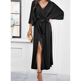 Mirella | Damen Maxikleid mit V Ausschnitt und Gürtel in Schwarz