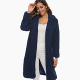 Nola | Damen Kunstpelzmantel mit Kapuze und Offener Front in Marineblau