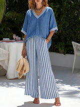 Rashika - Elegantes Lässiges Set Aus Gestreiftem Leinen Und Baumwolle in Blau