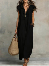 Uanavi - Langes Kleid Im Bohemian Stil Aus Leinen in Schwarz