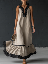 Natja - Rüschenkragen Leinen Maxikleid in Beige