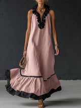 Natja - Rüschenkragen Leinen Maxikleid in Rosa