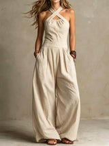 Karissa - Fließender Jumpsuit mit weitem Bein in Beige