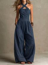Karissa - Fließender Jumpsuit mit weitem Bein in Marineblau