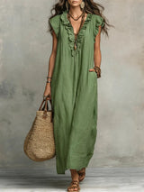 Uanavi - Langes Kleid Im Bohemian Stil Aus Leinen in Grün