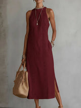 Jimena | Damen Midi-Kleid aus Leinen – Leinen Midikleid Sommer in Rot