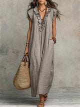 Uanavi - Langes Kleid Im Bohemian Stil Aus Leinen in Grau