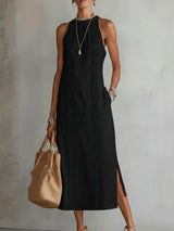 Jimena | Damen Midi-Kleid aus Leinen – Leinen Midikleid Sommer in Schwarz
