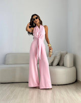 Kamwi - Eleganter Jumpsuit Mit Drapiertem Ausschnitt Und Weitem Bein in Rosa