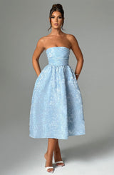 Tyche - Schulterfreies Jacquard-Midikleid in Blue