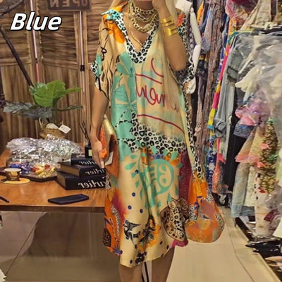 Paulina® | Bedrucktes Damenkleid mit kurzen Ärmeln und tiefem V-Ausschnitt