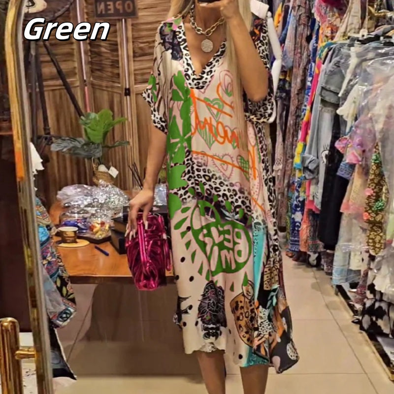 Paulina® | Bedrucktes Damenkleid mit kurzen Ärmeln und tiefem V-Ausschnitt