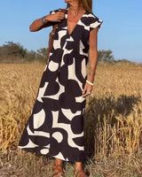 Vera | Damen Bedrucktes Kleid V-Ausschnitt Feminin Sommer in Schwarz