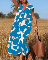 Vera | Damen Bedrucktes Kleid V-Ausschnitt Feminin Sommer in Blau