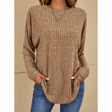 Stefanie | Damen Strickpullover mit Langarm, Ausschnitt und Struktur in Khaki