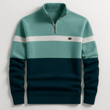 Strickpullover Herren Quarter Zip Color Block in Salbeigrün