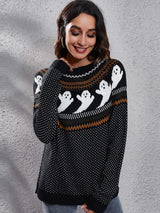 Strickpullover mit Rundhalsausschnitt und Retro-Motiv im literarischen Stil – Nerissa in Schwarz