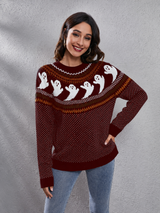 Strickpullover mit Rundhalsausschnitt und Retro-Motiv im literarischen Stil – Nerissa in Weinrot